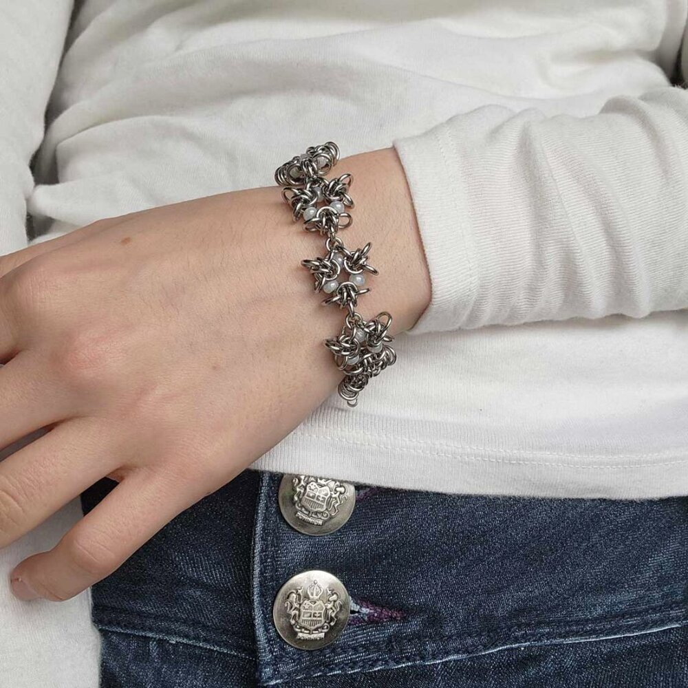 Vintage silver fairy flower chainmail chunky silver bracelet